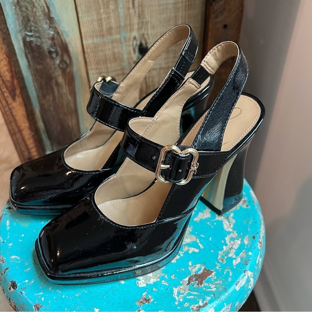 SAM EDELMAN Black Patent Leather Platform Mary Jane Gold Buckle Heels Size 7